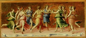 Taniec Apolla z Dziewięciu Muz (tempera na panelu)
